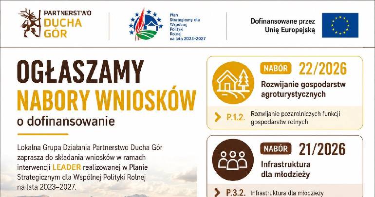 LGD Partnerstwo Ducha Gór ogłasza nabory wniosków o dofinansowanie