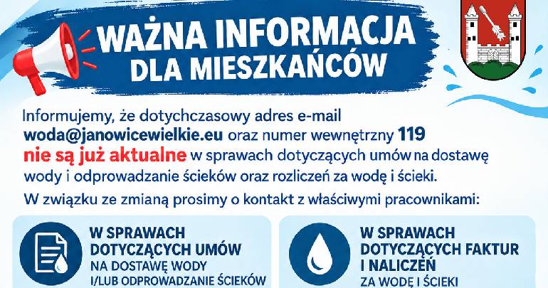 Ważna informacja dotycząca kontaktu w sprawach wody i ścieków